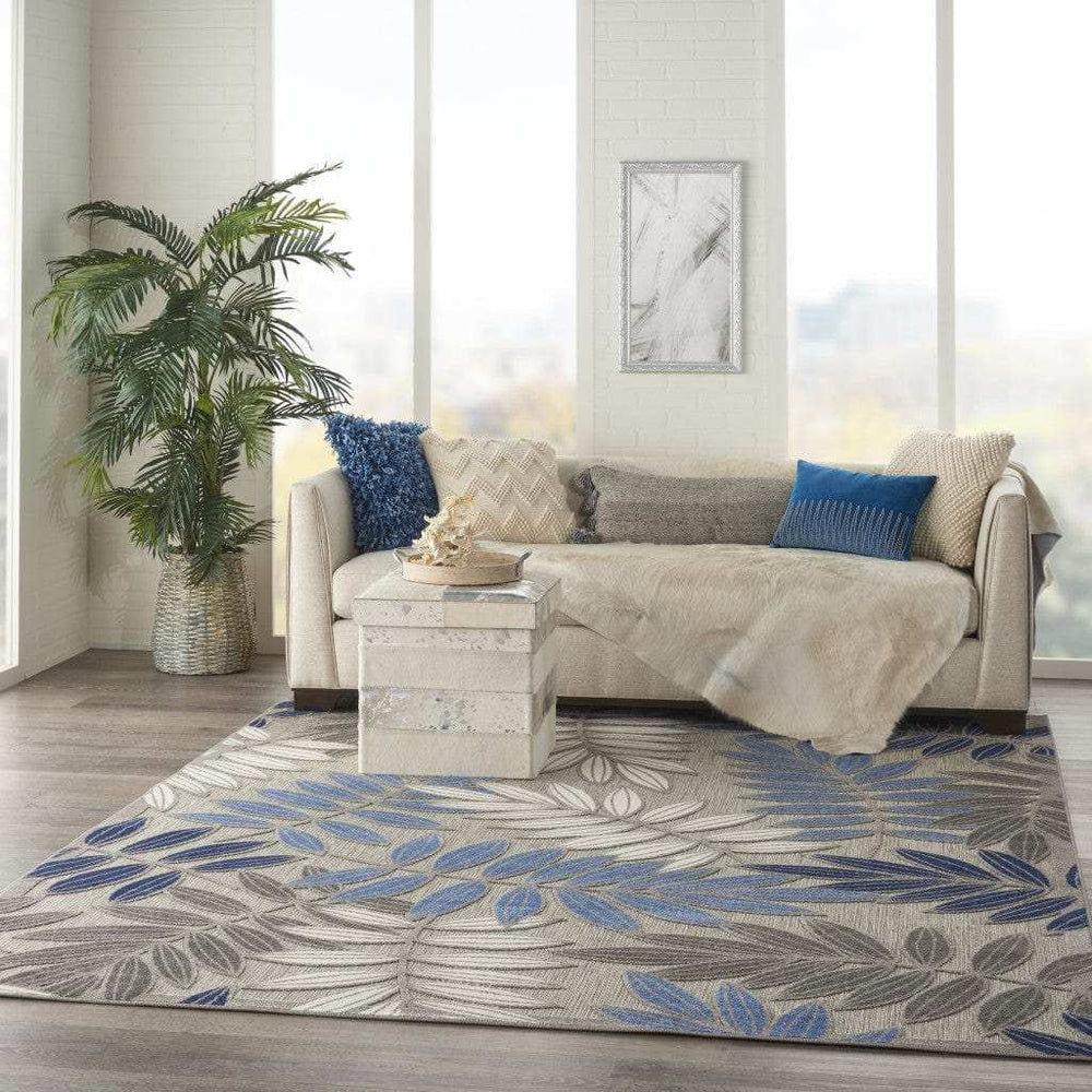 8’ X 11’ Gray And Blue Leaves Indoor Outdoor Area Rug - Homeroots - Flyclothing LLC