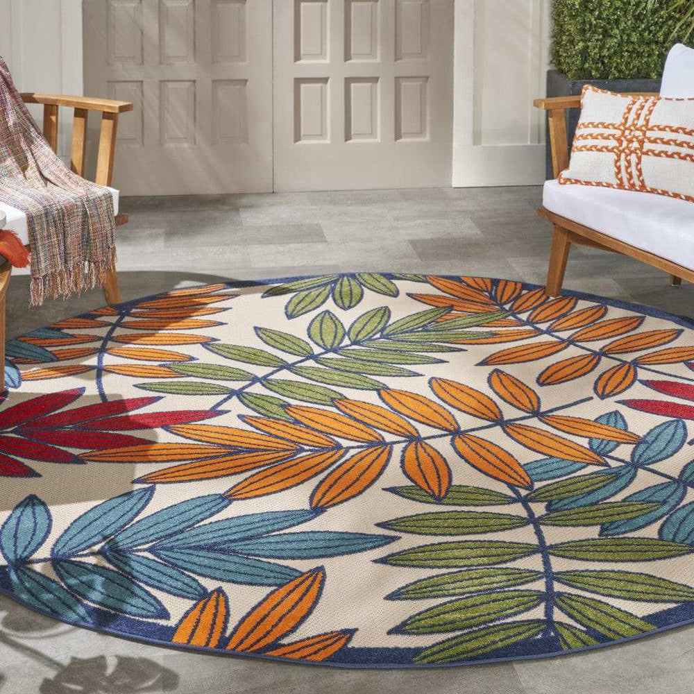 8' Round Ivory And Blue Round Floral Indoor Outdoor Area Rug - Homeroots - Flyclothing LLC