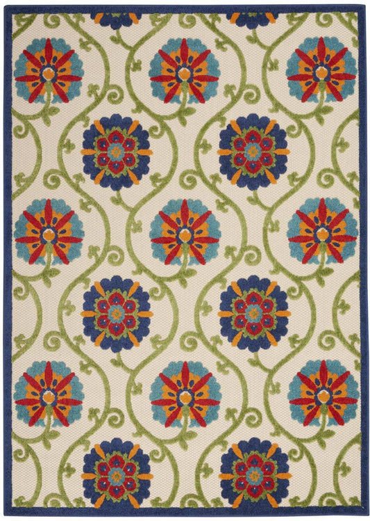 7' X 10' Ivory And Blue Floral Indoor Outdoor Area Rug - Homeroots - Flyclothing LLC