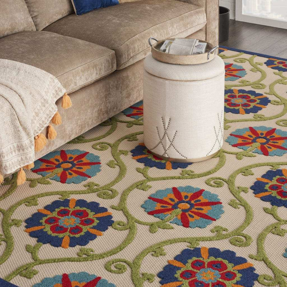 8' X 11' Ivory And Blue Floral Indoor Outdoor Area Rug - Homeroots - Flyclothing LLC