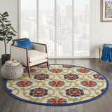 8' Round Ivory And Blue Round Floral Indoor Outdoor Area Rug - Homeroots - Flyclothing LLC
