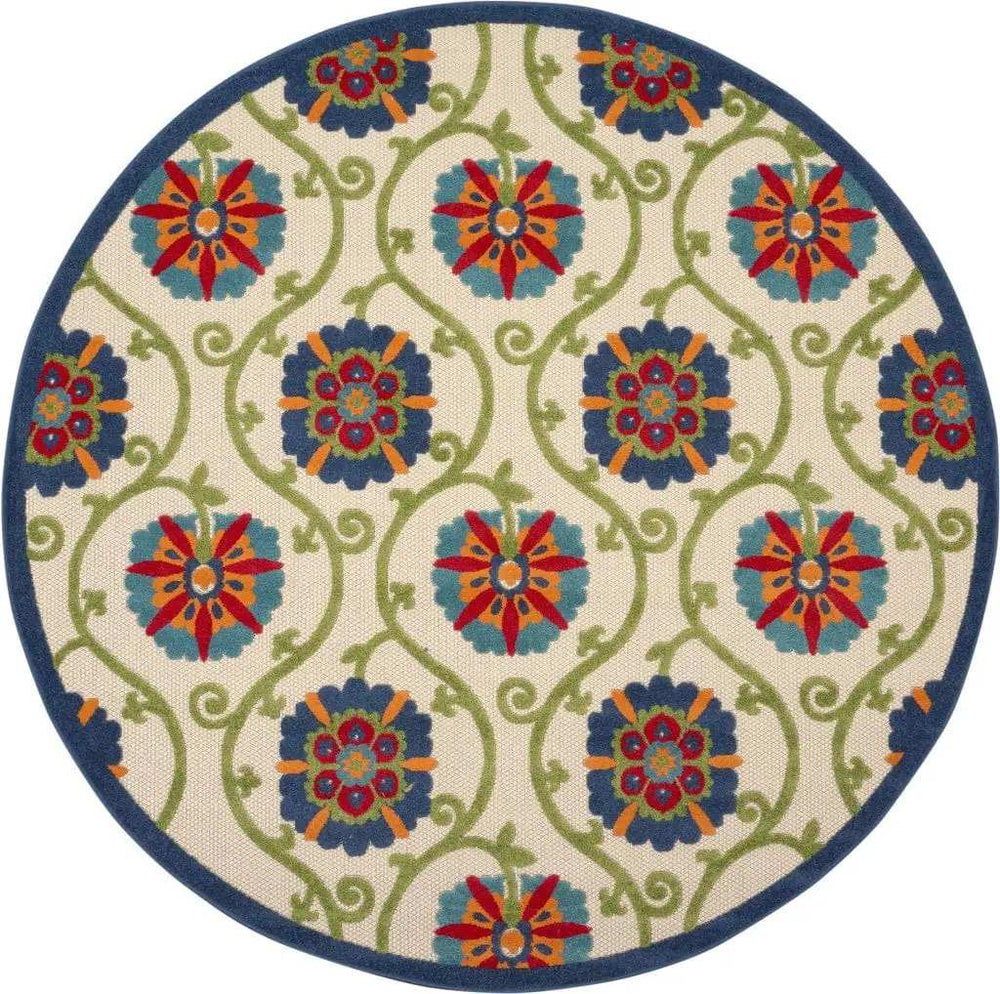 8' Round Ivory And Blue Round Floral Indoor Outdoor Area Rug - Homeroots - Flyclothing LLC