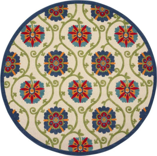8' Round Ivory And Blue Round Floral Indoor Outdoor Area Rug - Homeroots - Flyclothing LLC