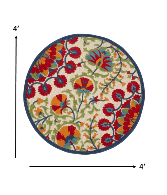 4' Round Red And Ivory Round Floral Indoor Outdoor Area Rug - Homeroots - Flyclothing LLC