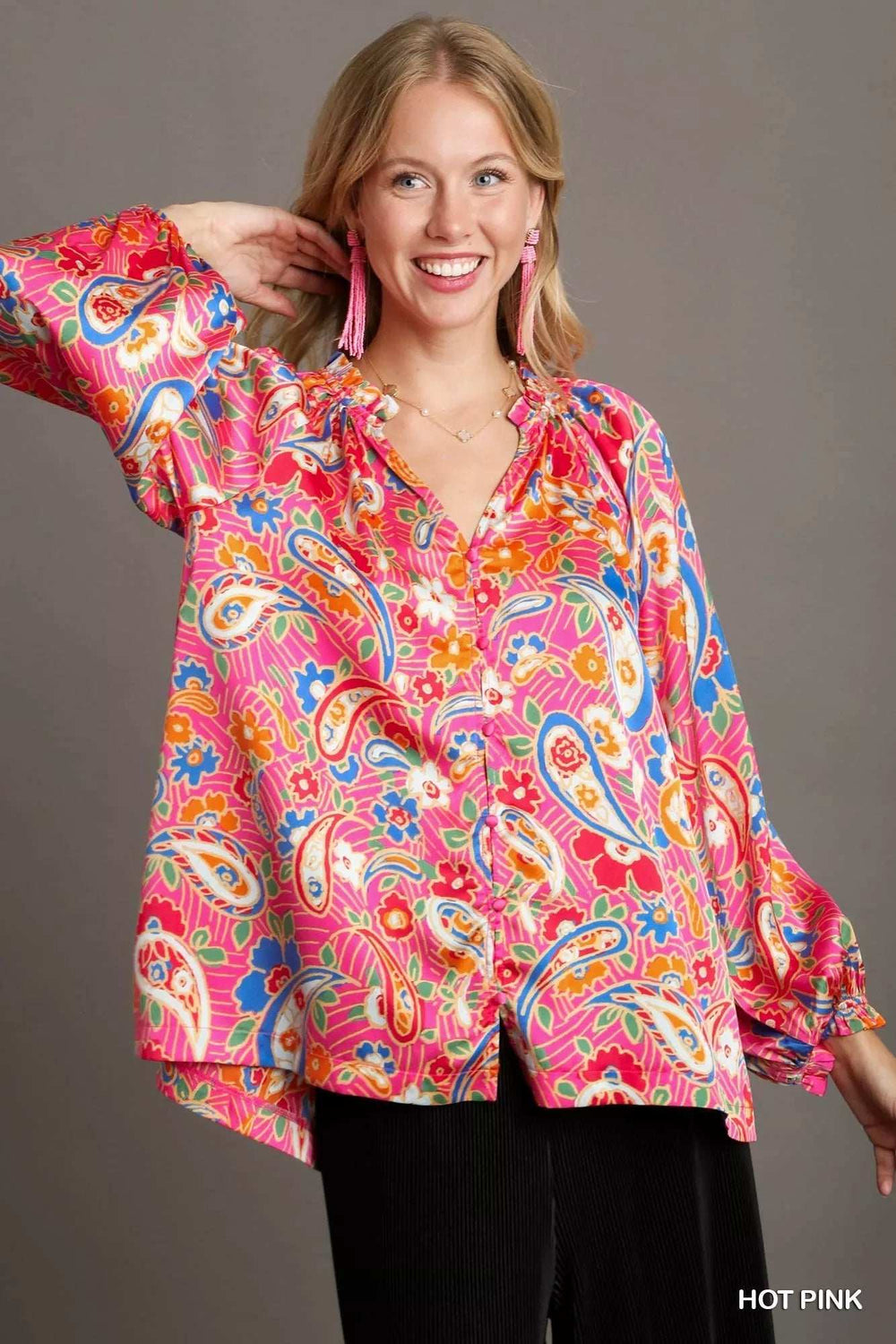 Umgee Full Size Satin Paisley Ruffle Neck Button-Up Shirt Plus Size - Trendsi - Flyclothing LLC