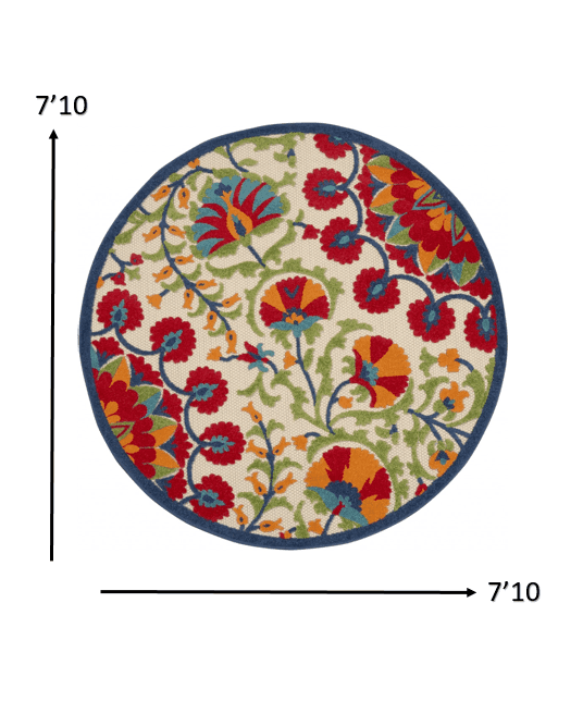 8' Round Red And Ivory Round Floral Indoor Outdoor Area Rug - Homeroots - Flyclothing LLC