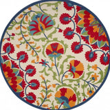 8' Round Red And Ivory Round Floral Indoor Outdoor Area Rug - Homeroots - Flyclothing LLC