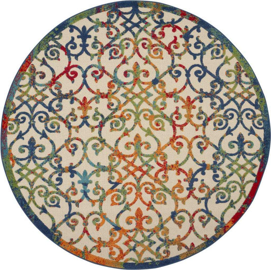 8' Round Ivory And Blue Round Floral Indoor Outdoor Area Rug - Homeroots - Flyclothing LLC