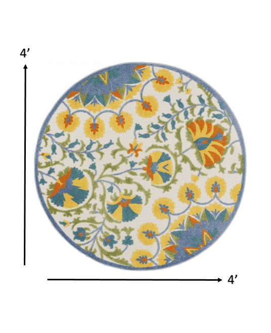4' Round Ivory And Blue Round Floral Indoor Outdoor Area Rug - Homeroots - Flyclothing LLC