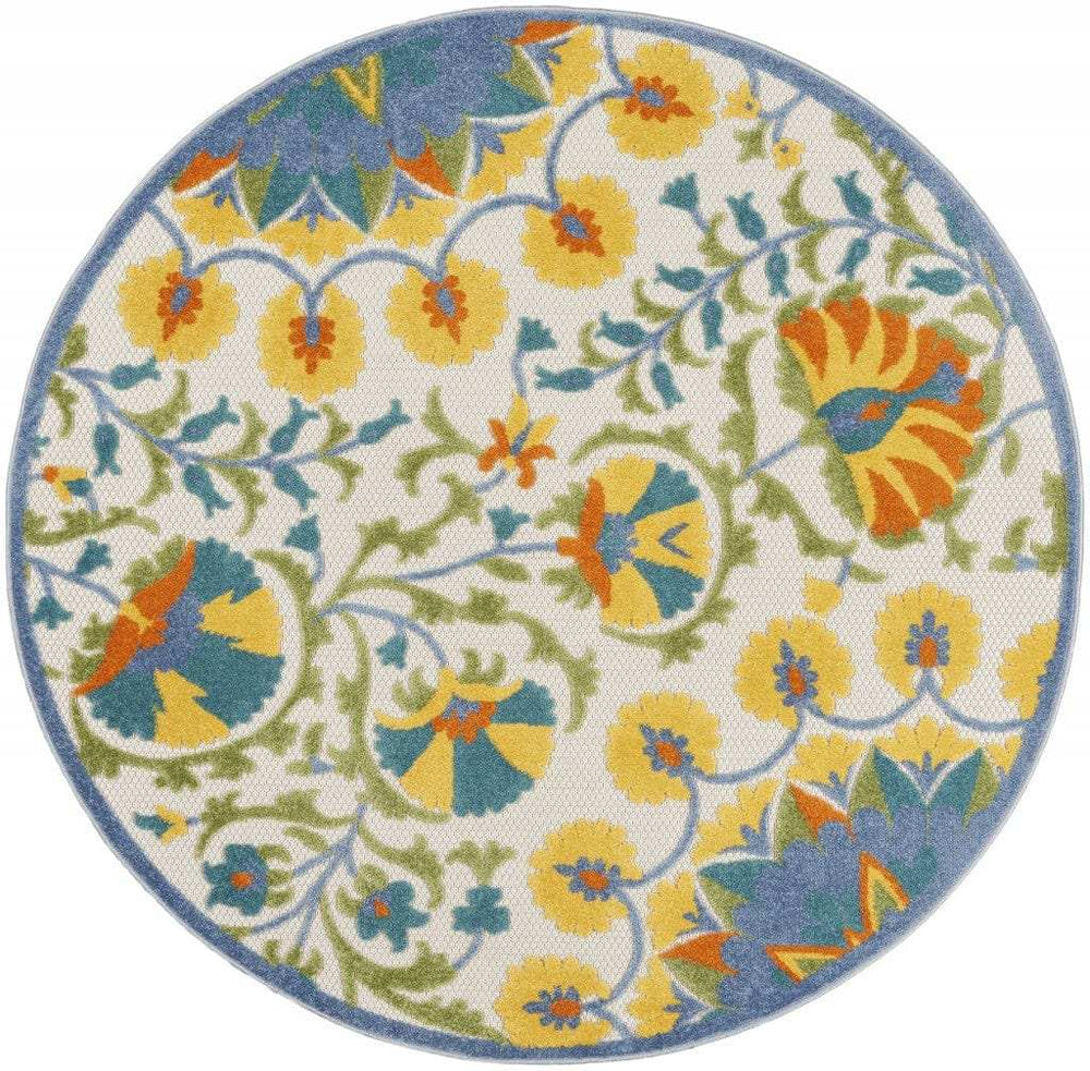 4' Round Ivory And Blue Round Floral Indoor Outdoor Area Rug - Homeroots - Flyclothing LLC