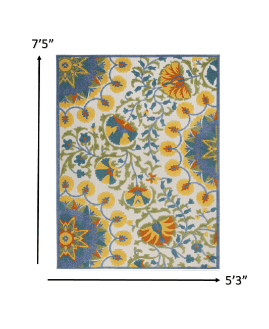 5' X 8' Ivory And Blue Floral Stain Resistant Indoor Outdoor Area Rug - Homeroots - Flyclothing LLC