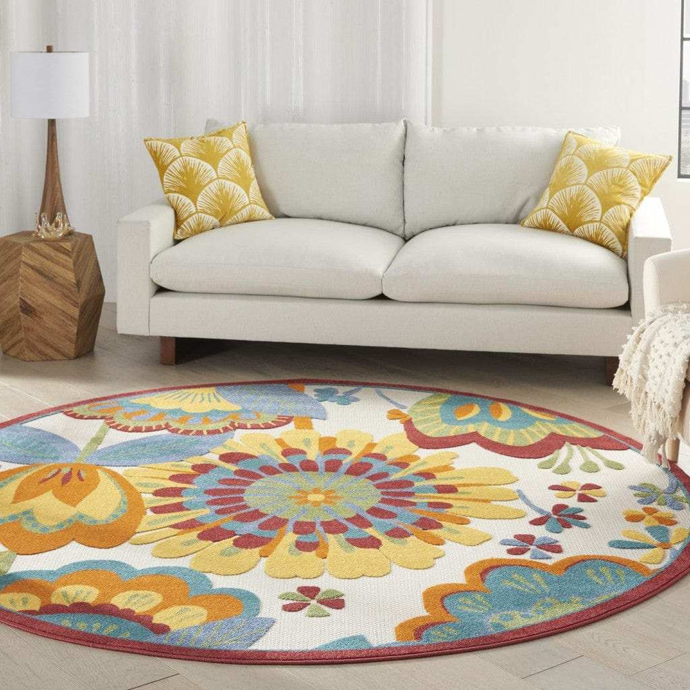 8' Round Yellow And Ivory Round Floral Indoor Outdoor Area Rug - Homeroots - Flyclothing LLC