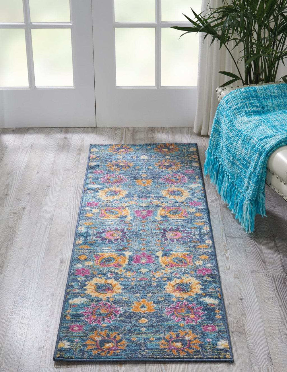 6' Blue And Orange Floral Power Loom Runner Rug - Homeroots - Flyclothing LLC