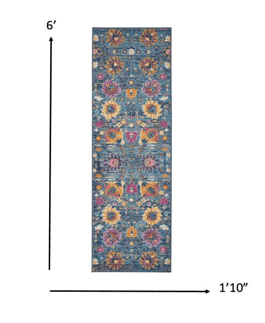 6' Blue And Orange Floral Power Loom Runner Rug - Homeroots - Flyclothing LLC