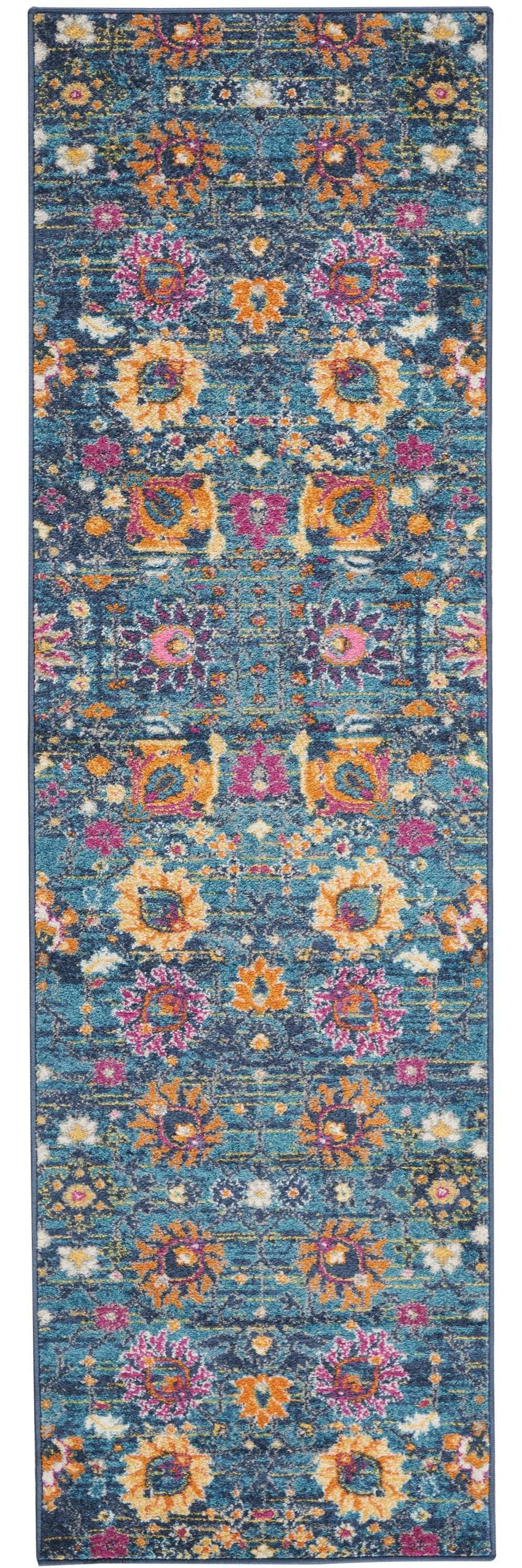 10' Blue And Orange Floral Power Loom Runner Rug - Homeroots - Flyclothing LLC