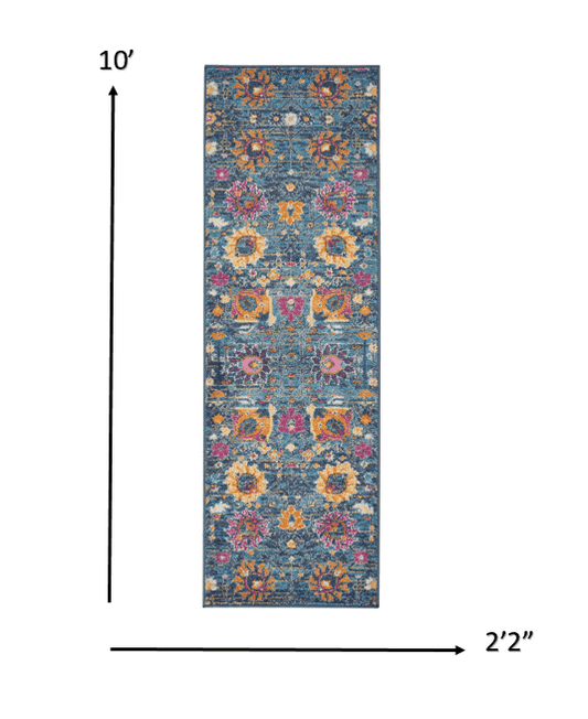 10' Blue And Orange Floral Power Loom Runner Rug - Homeroots - Flyclothing LLC