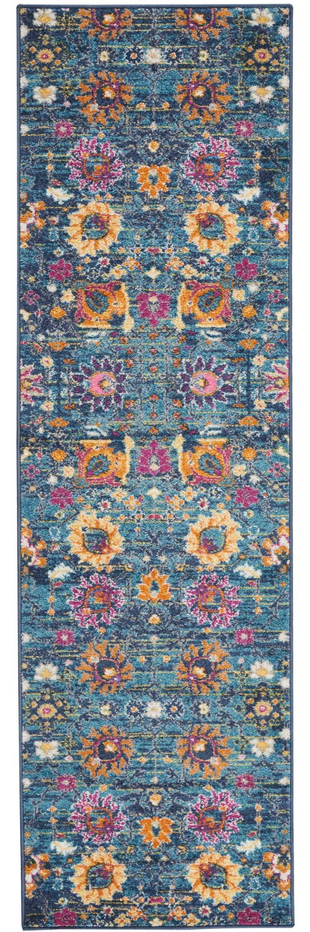 8' Blue And Orange Floral Power Loom Runner Rug - Homeroots - Flyclothing LLC