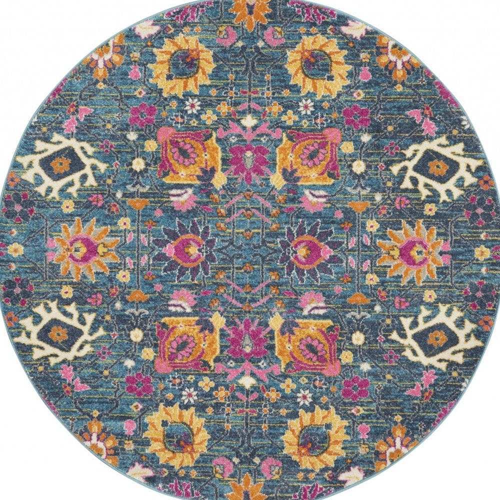 4' Blue And Orange Round Floral Power Loom Area Rug - Homeroots - Flyclothing LLC