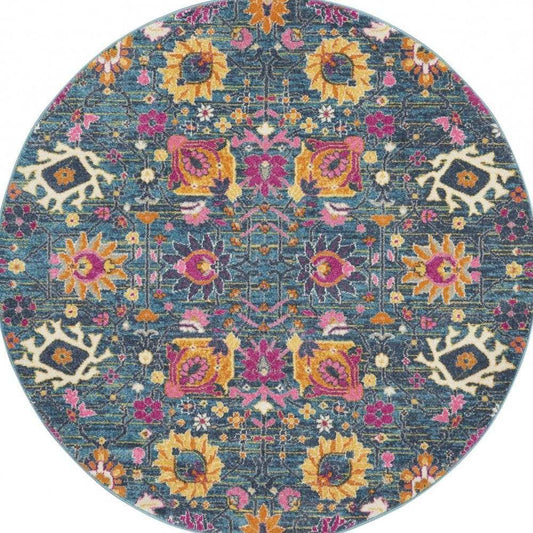 5' Blue And Orange Round Floral Power Loom Area Rug - Homeroots - Flyclothing LLC