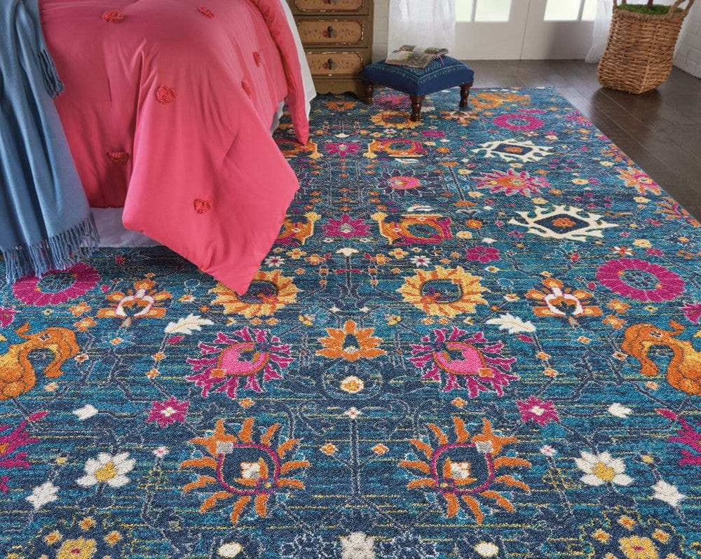 8' X 10' Blue And Orange Floral Power Loom Area Rug - Homeroots - Flyclothing LLC