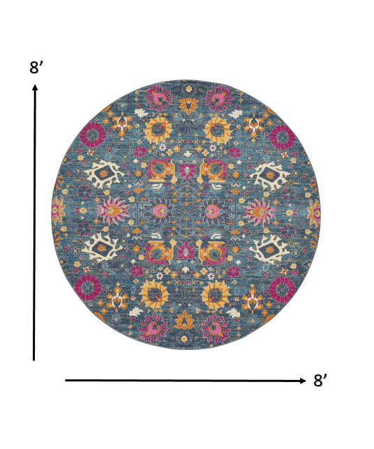 8' Blue And Orange Round Floral Power Loom Area Rug - Homeroots - Flyclothing LLC