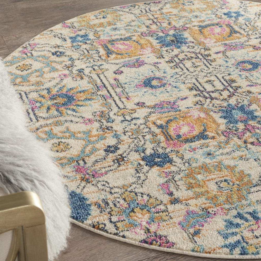 5' Orange And Ivory Round Floral Power Loom Area Rug - Homeroots - Flyclothing LLC