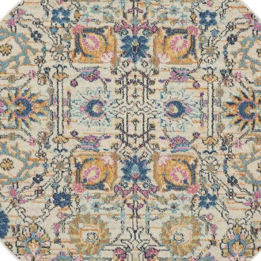 5' Orange And Ivory Round Floral Power Loom Area Rug - Homeroots - Flyclothing LLC