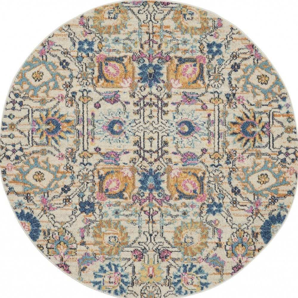 5' Orange And Ivory Round Floral Power Loom Area Rug - Homeroots - Flyclothing LLC