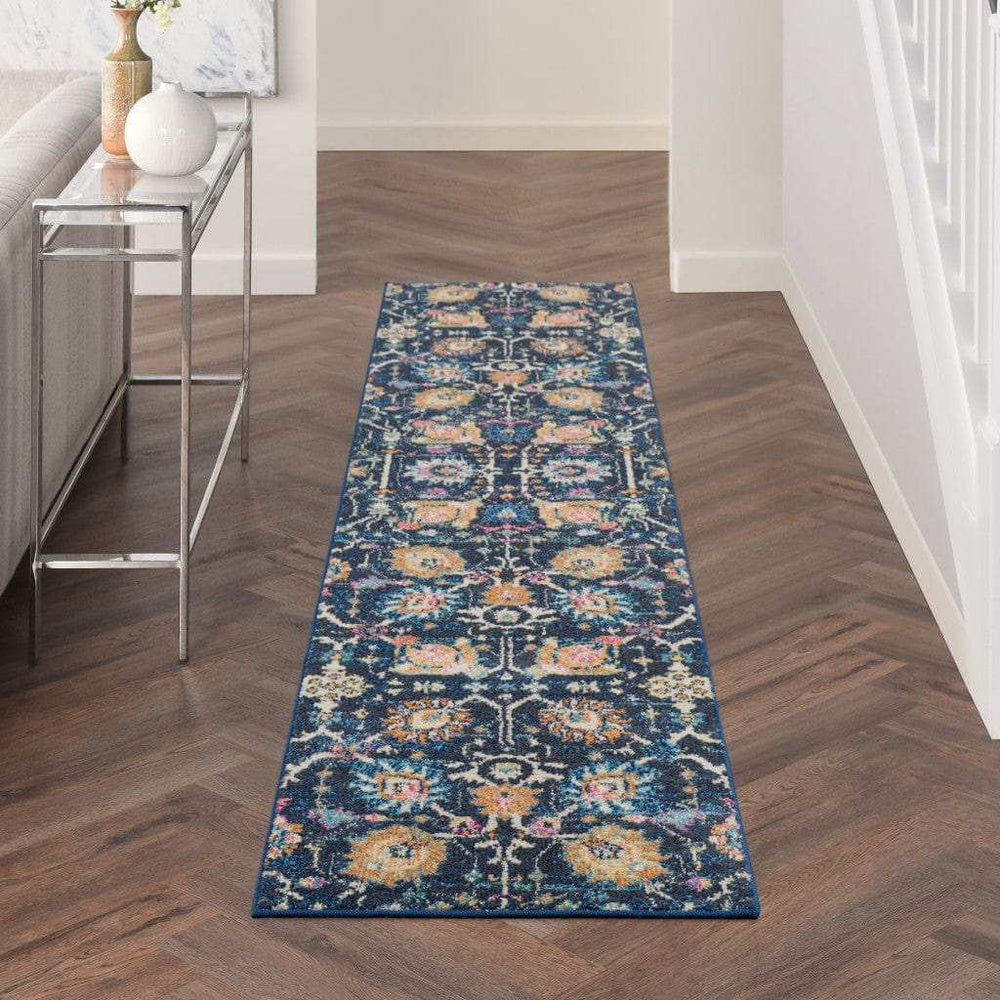 10' Navy Blue Floral Power Loom Runner Rug - Homeroots - Flyclothing LLC
