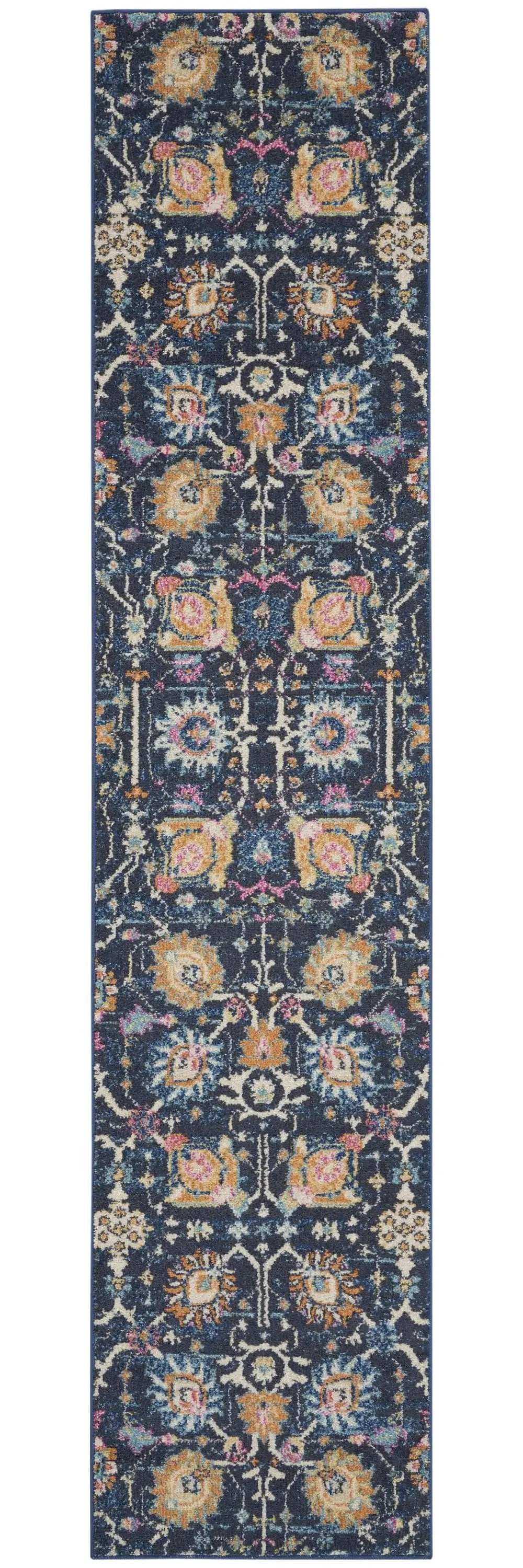 10' Navy Blue Floral Power Loom Runner Rug - Homeroots - Flyclothing LLC