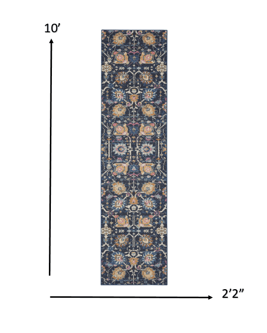 10' Navy Blue Floral Power Loom Runner Rug - Homeroots - Flyclothing LLC
