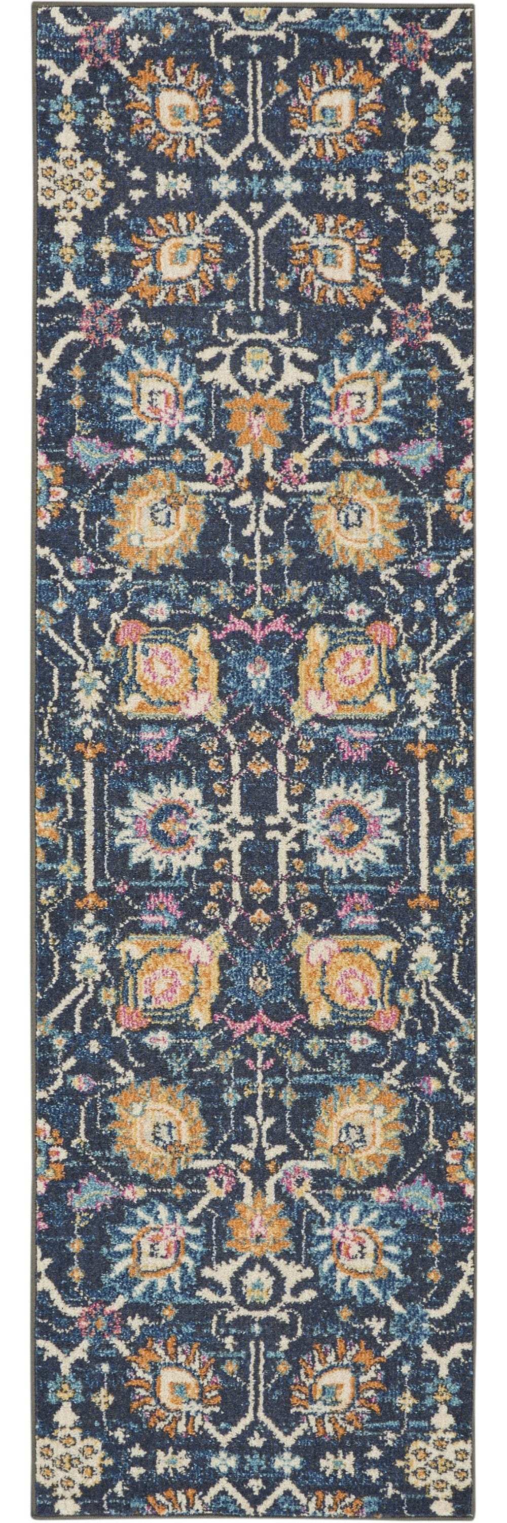 8' Navy Blue Floral Power Loom Runner Rug - Homeroots - Flyclothing LLC