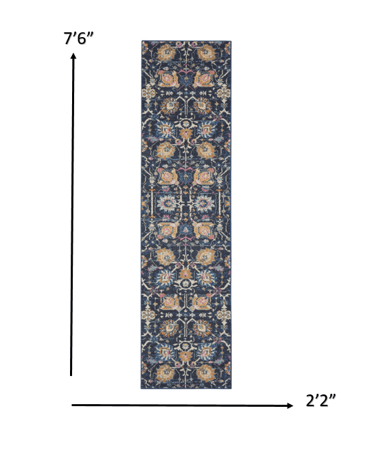 8' Navy Blue Floral Power Loom Runner Rug - Homeroots - Flyclothing LLC