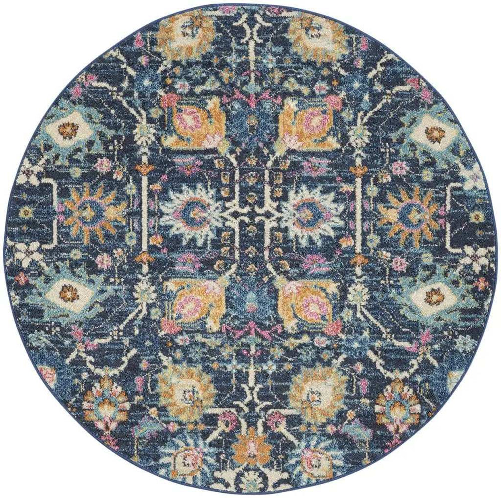 4' Navy Blue Round Floral Power Loom Area Rug - Homeroots - Flyclothing LLC