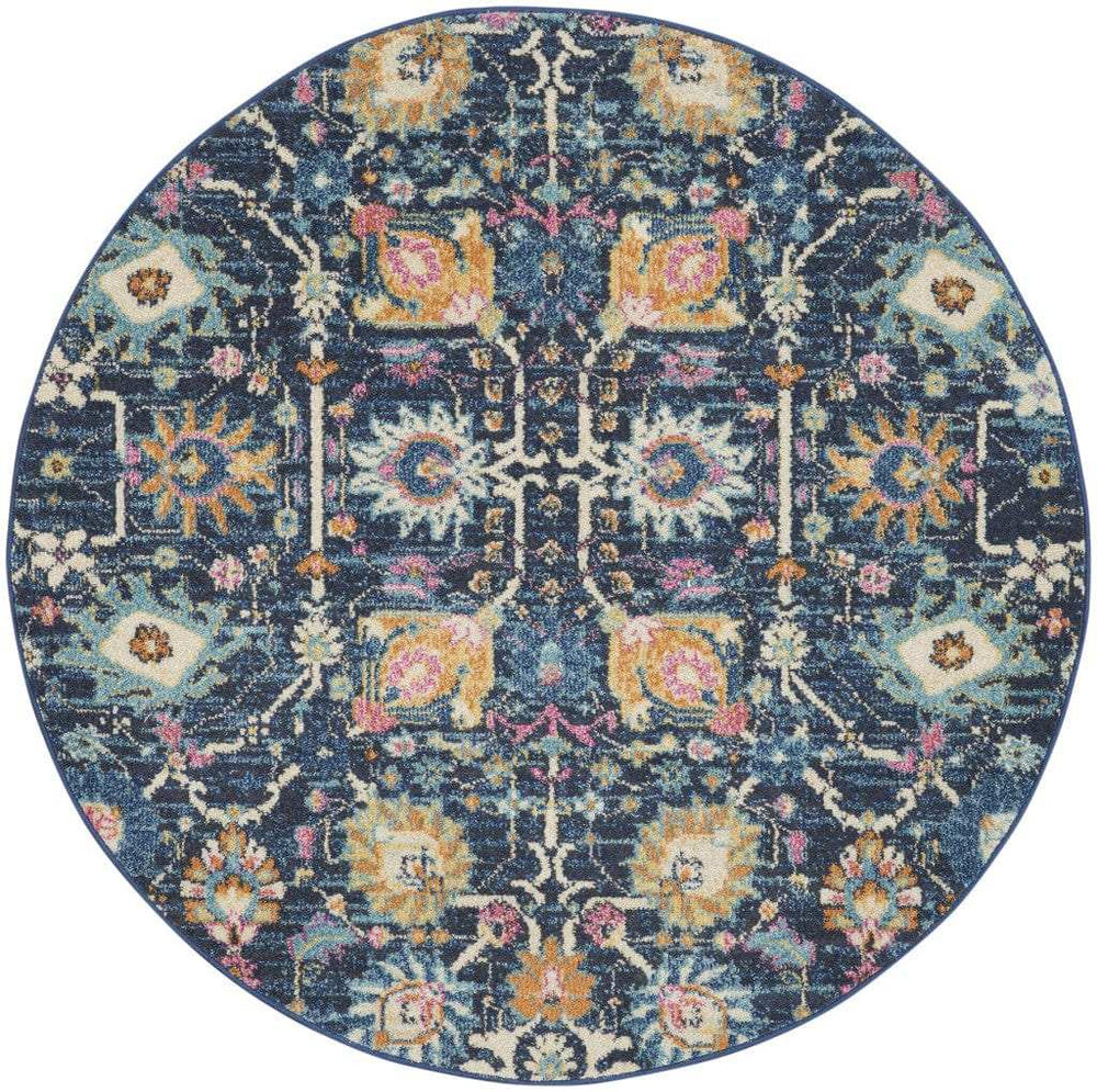 5' Navy Blue Round Floral Power Loom Area Rug - Homeroots - Flyclothing LLC