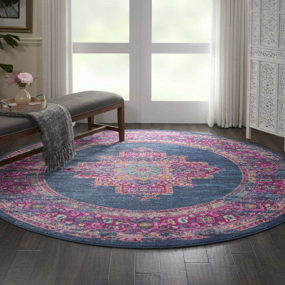 8' Blue Round Power Loom Area Rug - Homeroots - Flyclothing LLC
