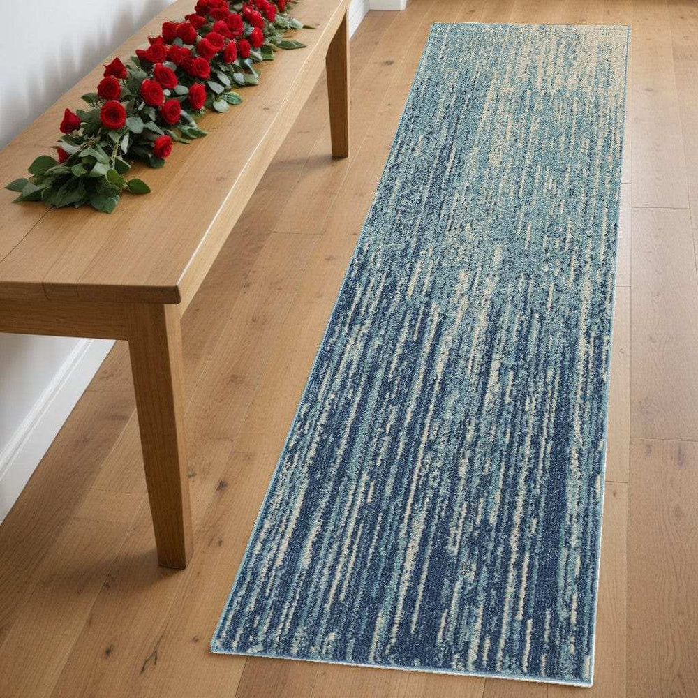 8' Ivory And Blue Abstract Power Loom Runner Rug - Homeroots - Flyclothing LLC
