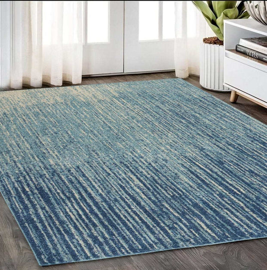 5' X 7' Ivory And Blue Abstract Stripes Power Loom Area Rug - Homeroots - Flyclothing LLC