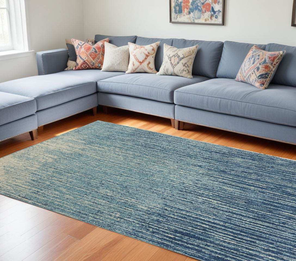 8' X 10' Blue and Ivory Abstract Stripes Power Loom Area Rug - Homeroots - Flyclothing LLC