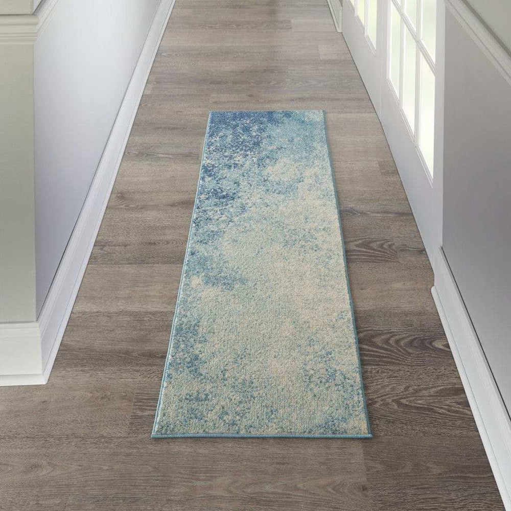8' Ivory And Blue Abstract Power Loom Runner Rug - Homeroots - Flyclothing LLC