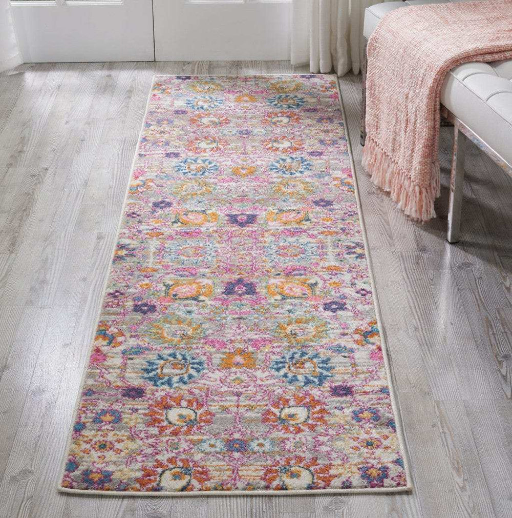 8' Silver Floral Power Loom Runner Rug - Homeroots - Flyclothing LLC