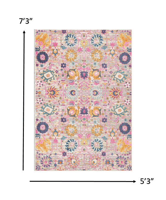 5' X 7' Gray and Pink Floral Power Loom Distressed Area Rug - Homeroots - Flyclothing LLC