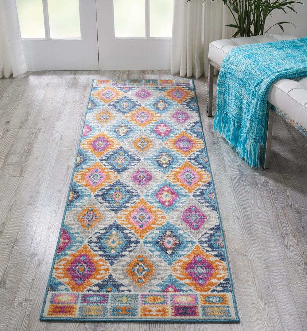 8' Blue And Pink Ogee Power Loom Runner Rug - Homeroots - Flyclothing LLC