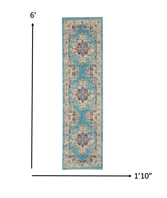 6' Light Blue Southwestern Power Loom Runner Rug - Homeroots - Flyclothing LLC