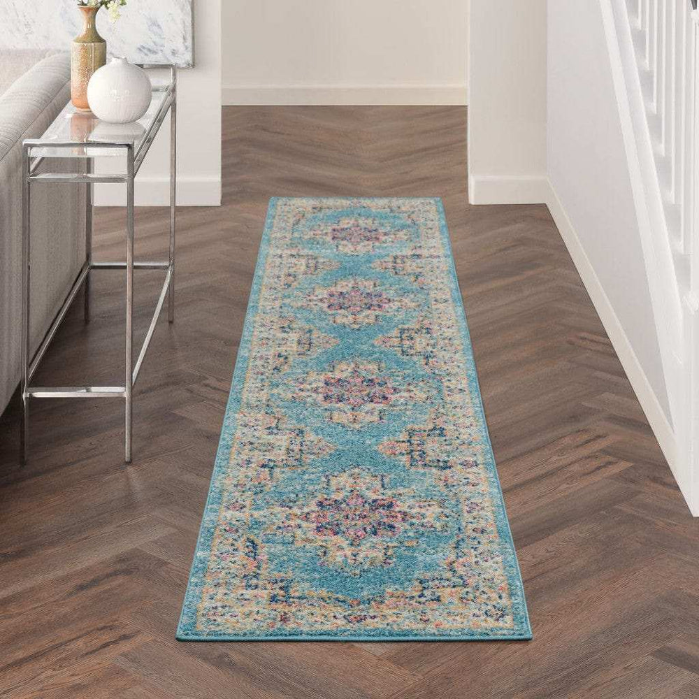 10' Light Blue Southwestern Power Loom Runner Rug - Homeroots - Flyclothing LLC