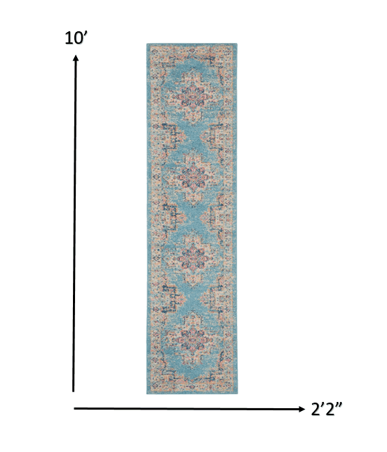 10' Light Blue Southwestern Power Loom Runner Rug - Homeroots - Flyclothing LLC