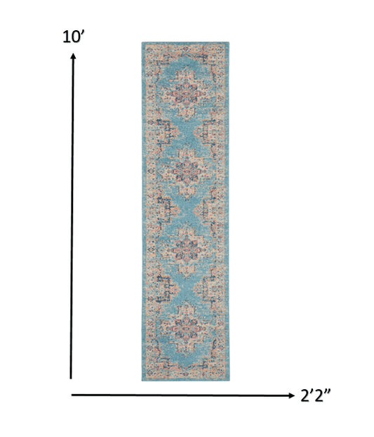 10' Light Blue Southwestern Power Loom Runner Rug - Homeroots - Flyclothing LLC