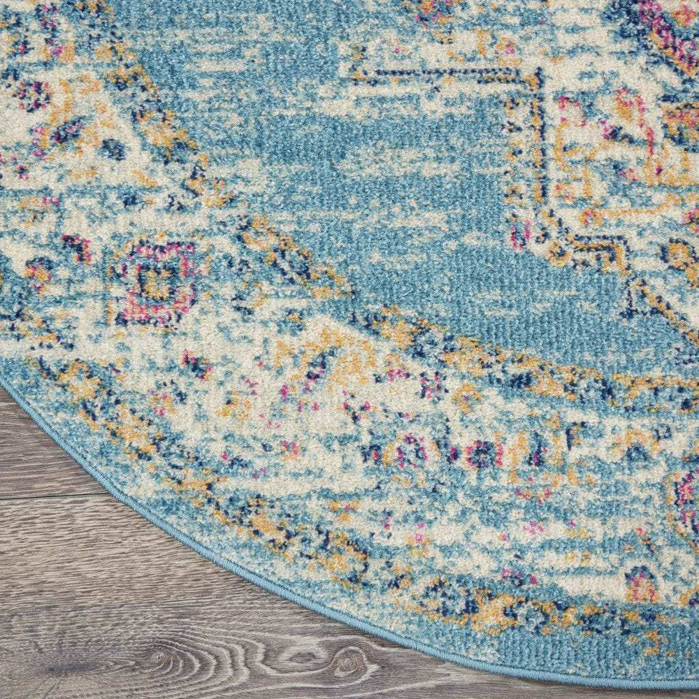 4' Light Blue Round Southwestern Power Loom Area Rug - Homeroots - Flyclothing LLC