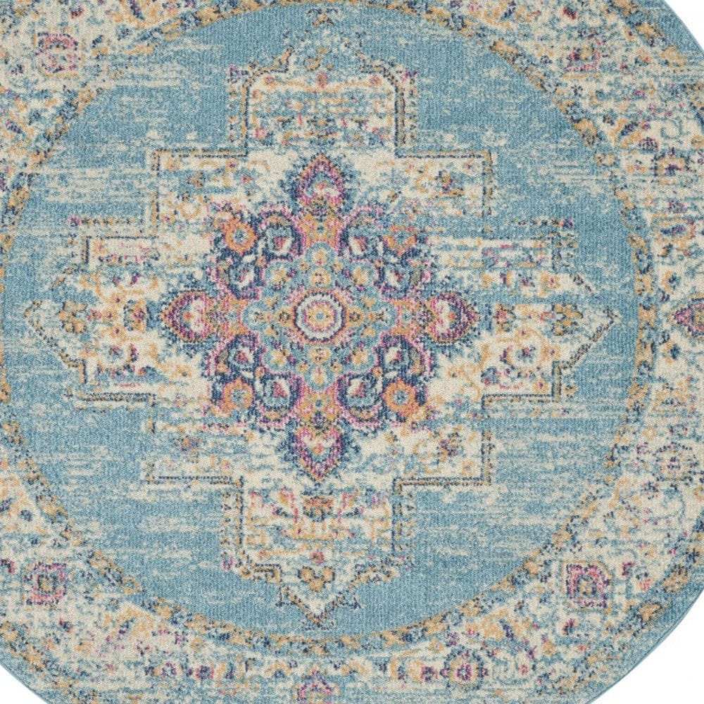 4' Light Blue Round Southwestern Power Loom Area Rug - Homeroots - Flyclothing LLC