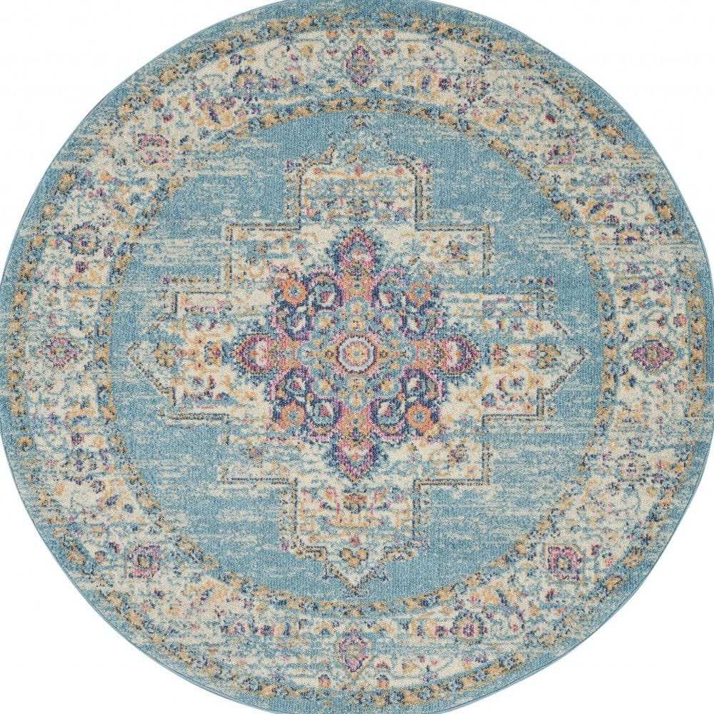 4' Light Blue Round Southwestern Power Loom Area Rug - Homeroots - Flyclothing LLC
